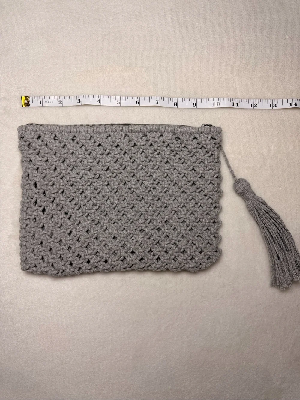 Gray Macrame Crochet Clutch Purse Tassel Zip Boho